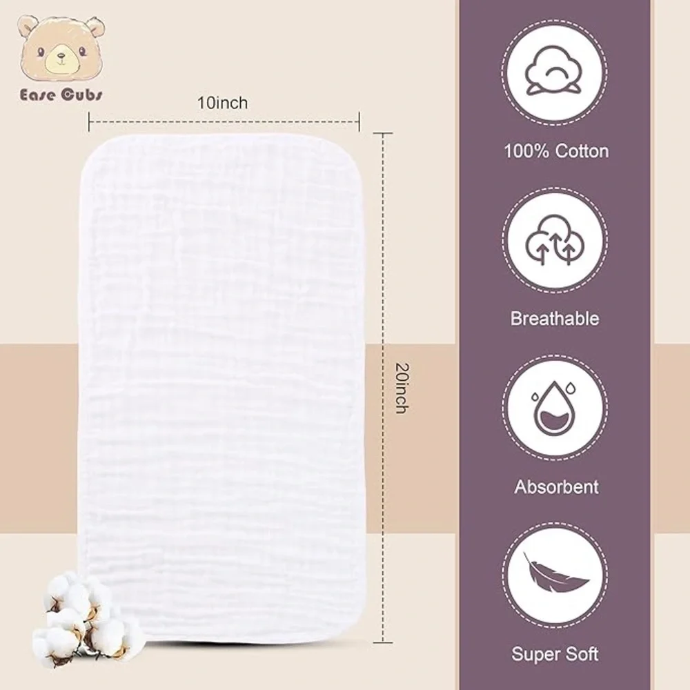 Set of 10 White and Green Muslin Washcloths
